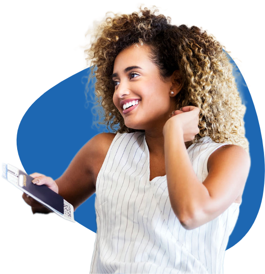 Happy woman holding Canadian passport, excited about immigration to Canada